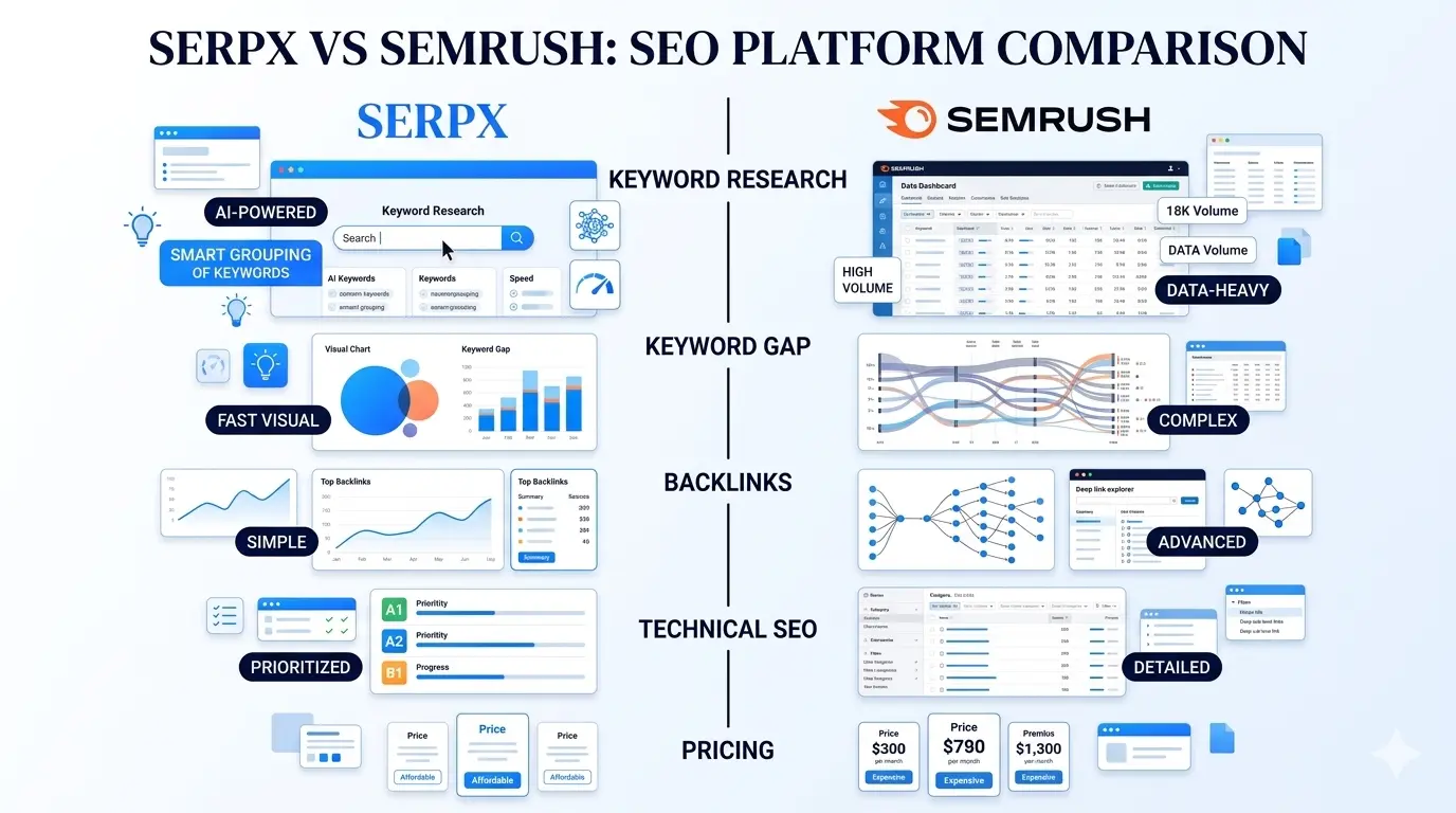 SerpX vs Semrush feature comparison infographic