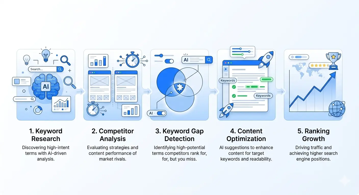 AI SEO workflow showing keyword research to ranking growth process