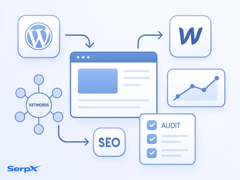 SEO Tools that Integrate with WordPress and Webflow visual guide by SerpX